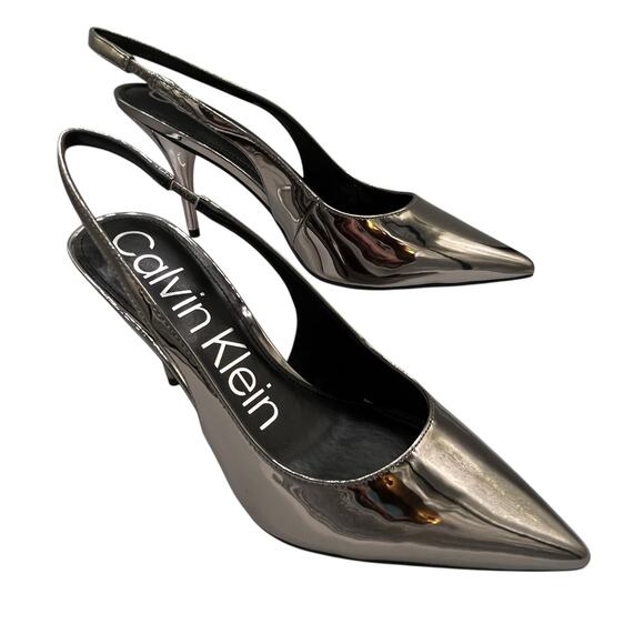 Calvin Klein Cinola2 Slingback Heels Pewter Metallic Pointed Toe Size 8.5 NIB - Picture 1 of 6